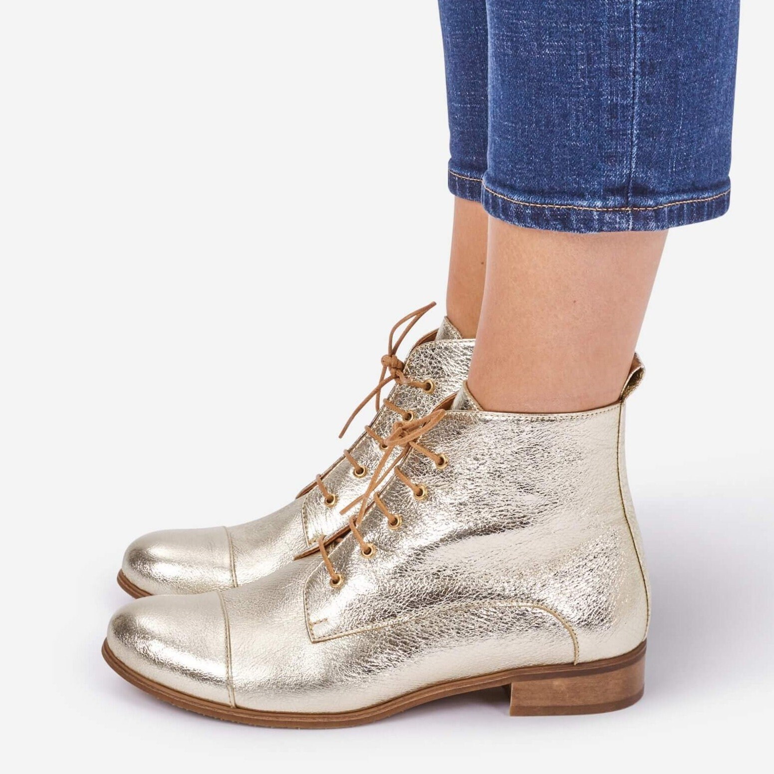 Burton - Women's Metallic Ankle Boots, Lace-Up Rose Gold Custom Leather Glitter Boots, Free Customization