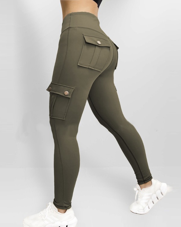 Butt Lifting Leggings with Flap Pockets High Waist Tummy Control Workout Cargo Pants