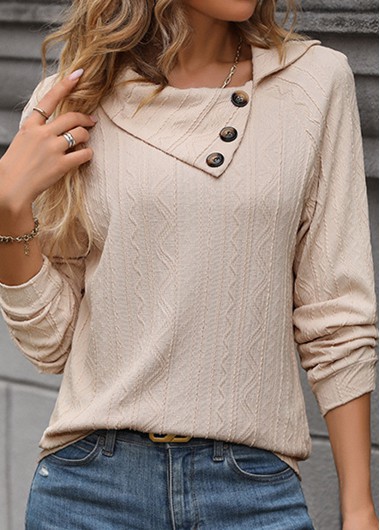 Button Beige Asymmetrical Neck Long Sleeve Sweatshirt