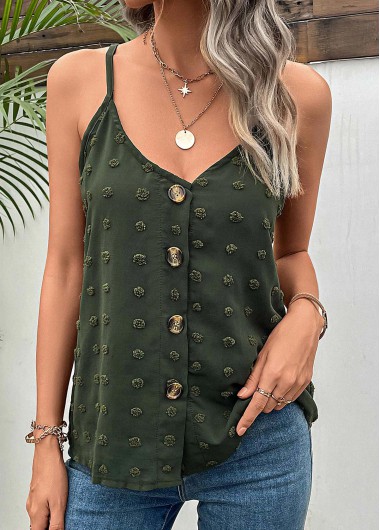 Button Green V Neck Strappy Camisole Top