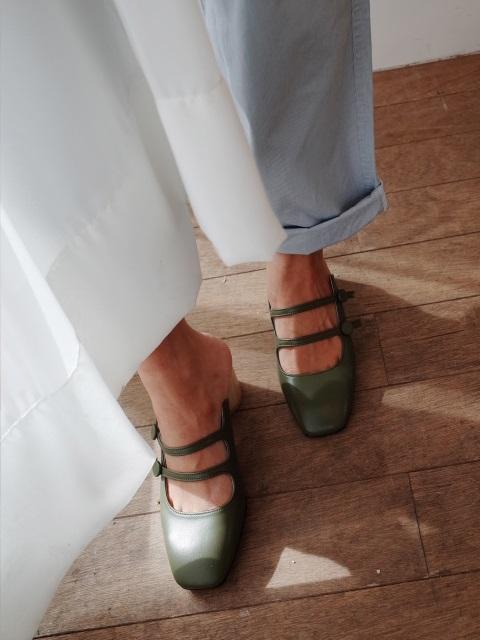 Button Mary Jane Mules Olive Green