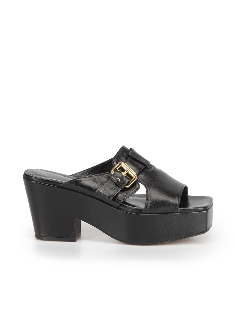 By Far Black Gloss Leather Lenka Buckle Platform Mules