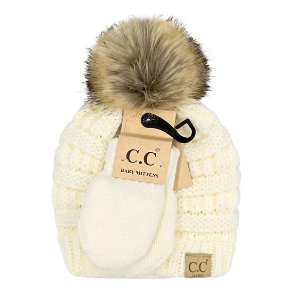 C.C Baby C.C. Faux Fur Pom and Mitten Set Beanie Baby Ivory