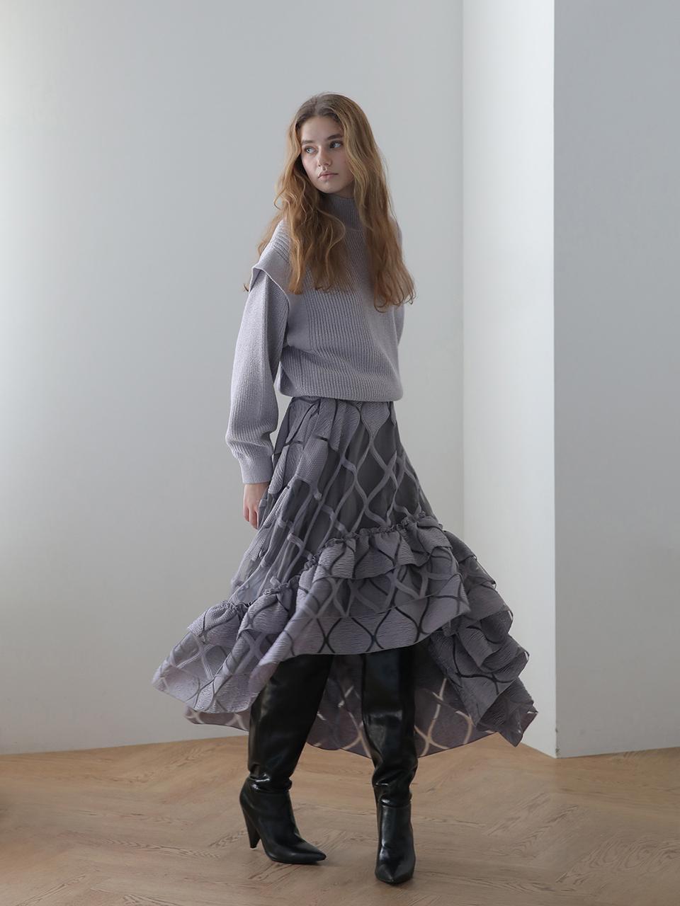 [CAHIERS] Ruffle tiered unbalanced long skirt