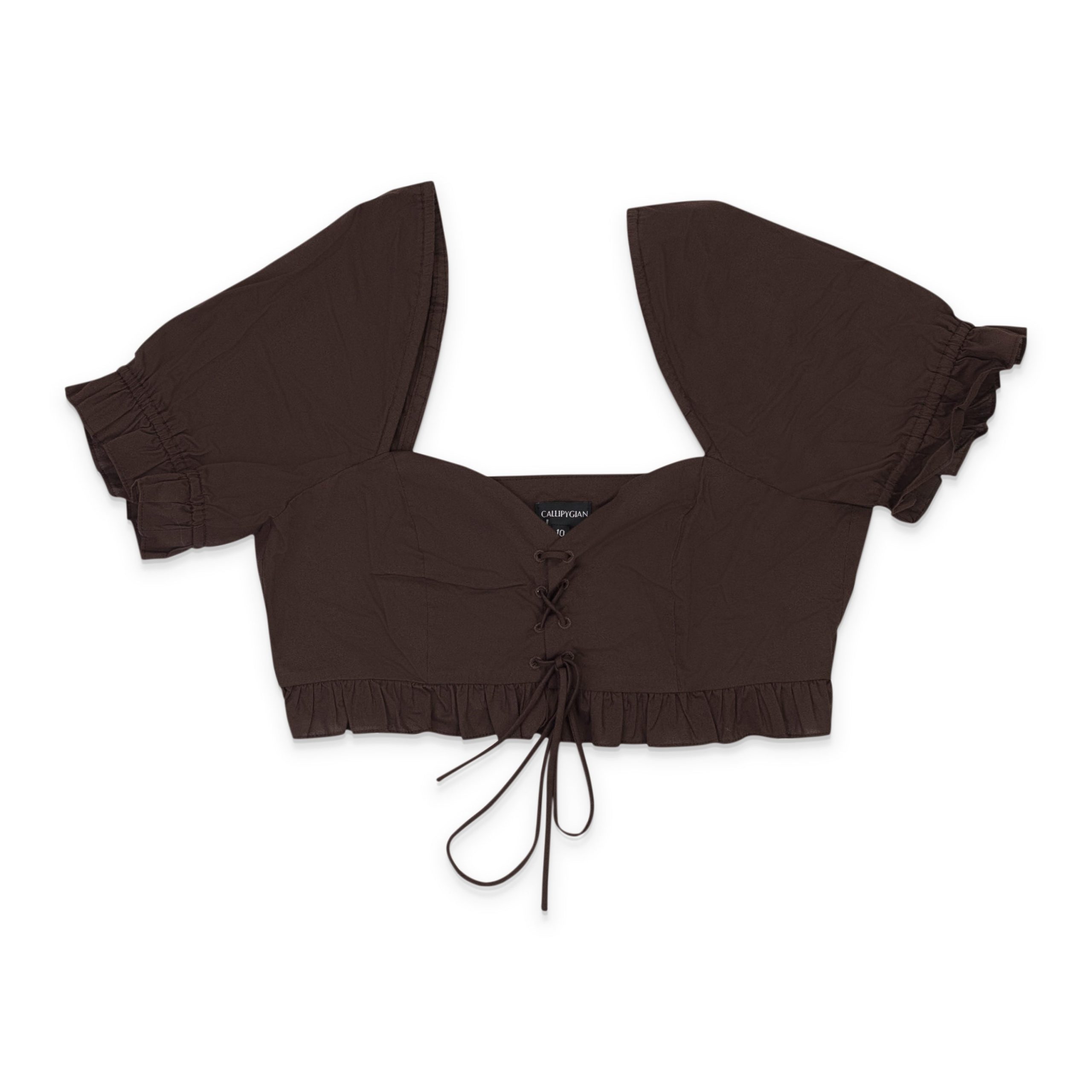 CALLIPYGIAN LACE UP RUFFLE CHOCOLATE CROP TOP