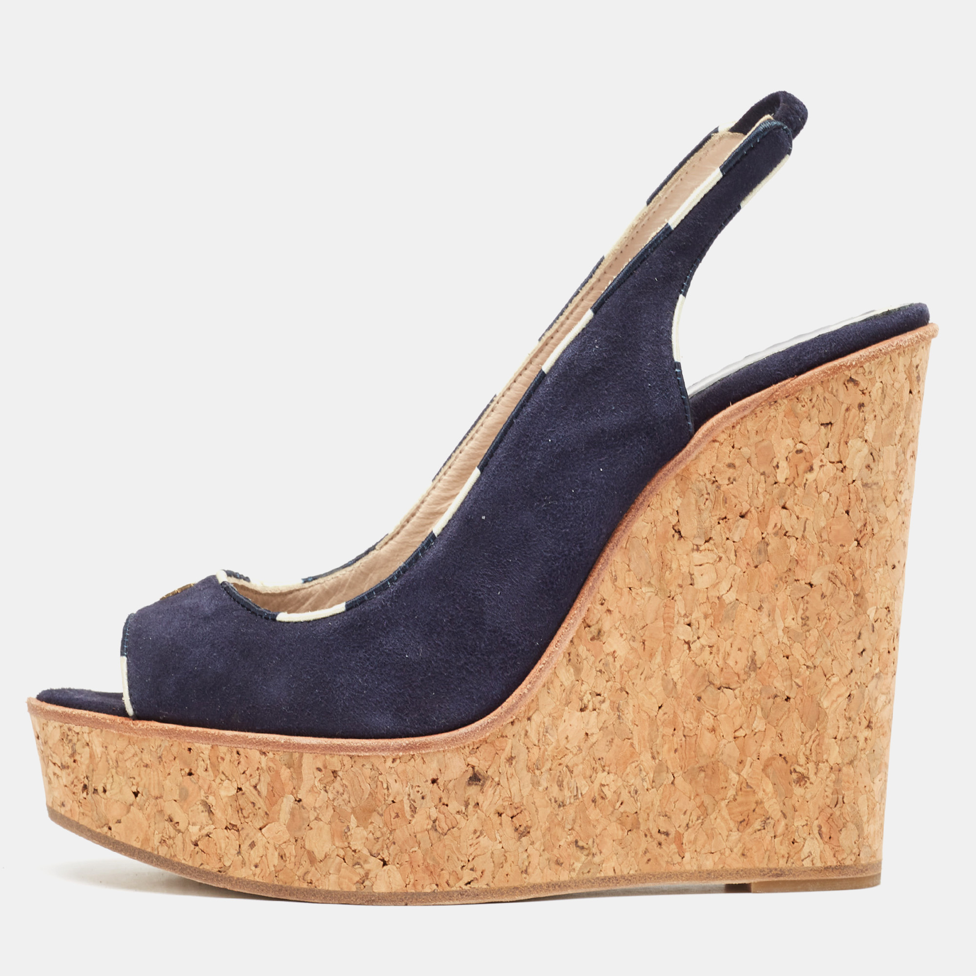 CH Carolina Herrera Navy Blue Suede Cork Wedge Slingback Sandals Size 37