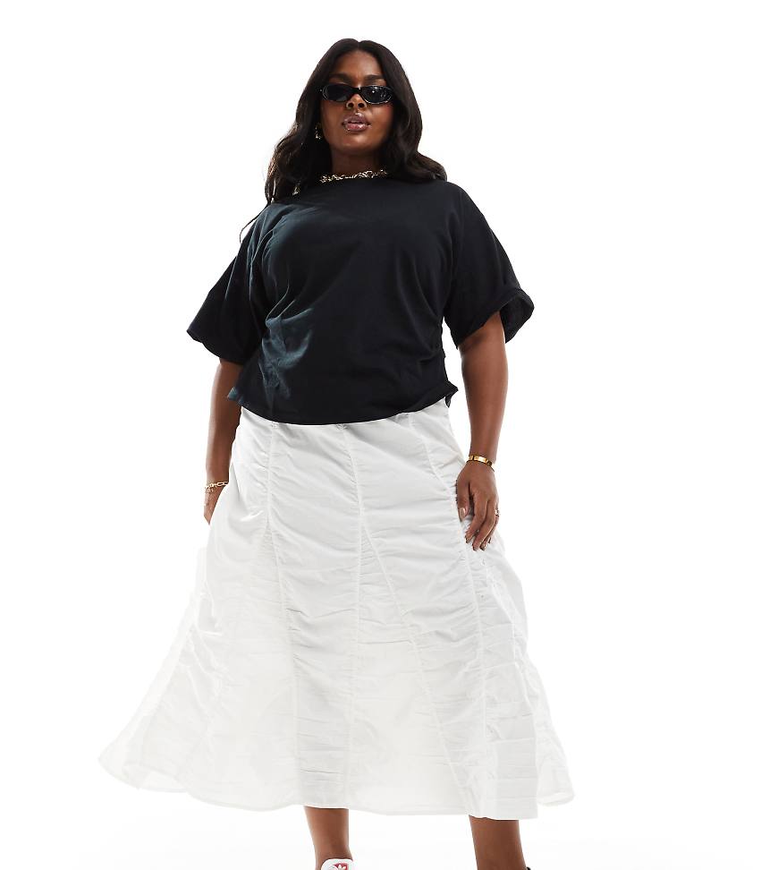 COLLUSION Plus western ruched tiered midi skirt in white