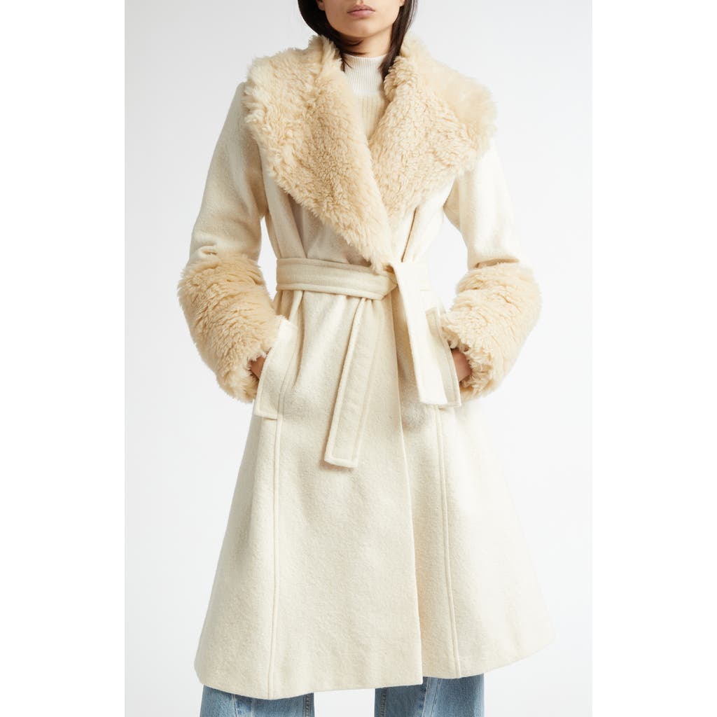 CONNER IVES Wool Blend Wrap Coat with Faux Fur Trim in Off White at Nordstrom, Size X-Small