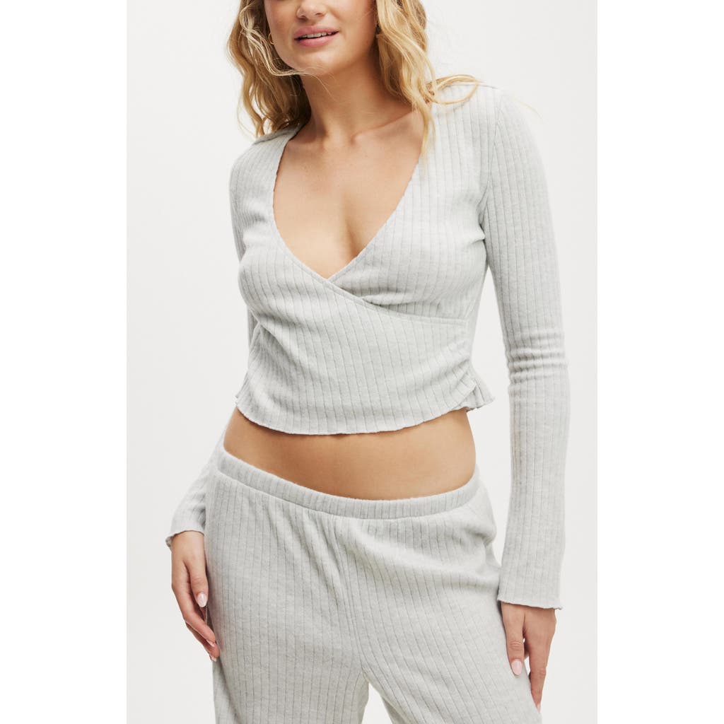 COTTON ON BODY Super Soft Ribbed Wrap Top in Light Grey Marle at Nordstrom, Size Xx-Small