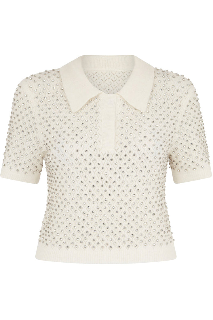 CRYSTAL EMBROIDERED POLO KNIT TOP