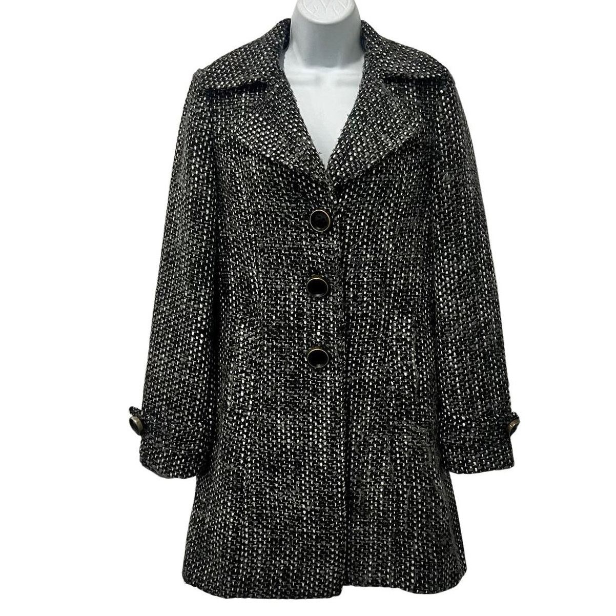 Cabi Black White Tweed Back Button Two Pockets Pea Coat Size S in Grey, Women's