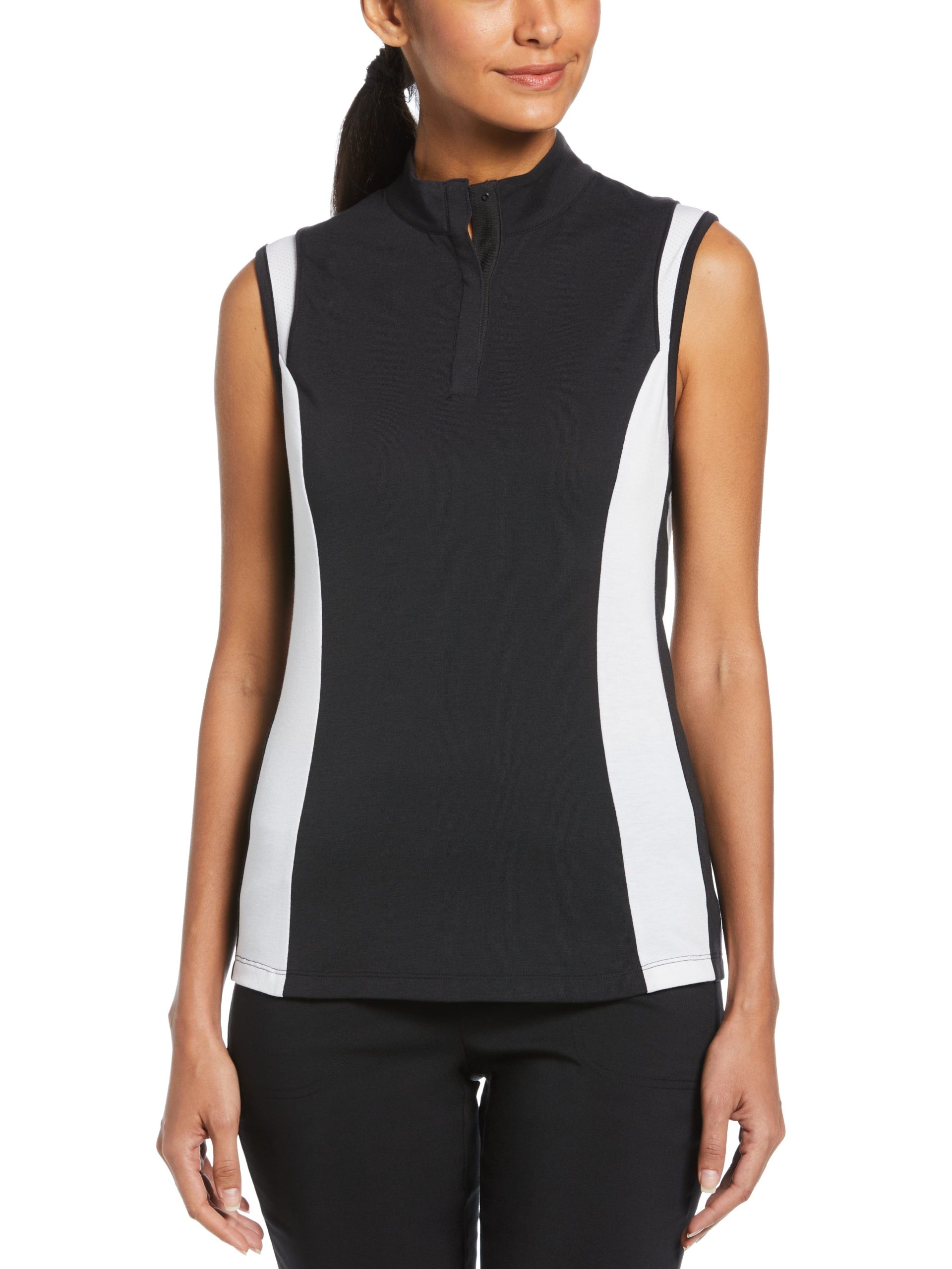 Callaway Women's Golf Color Block Snap Front Polo with Mesh Top Detail, Black, Cotton/Polyester/Elastane