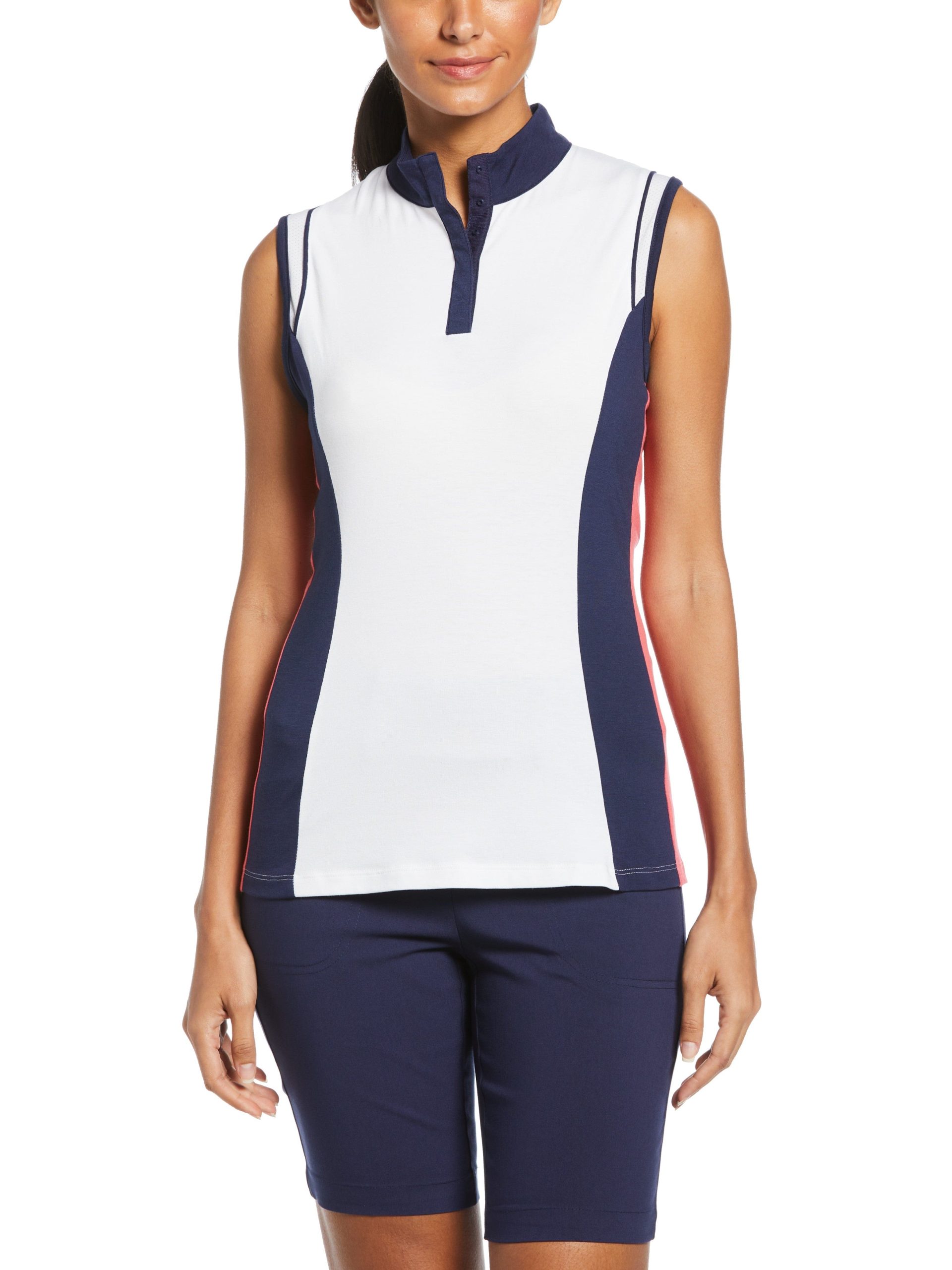 Callaway Women's Golf Color Block Snap Front Polo with Mesh Top Detail, Brilliant White, Cotton/Polyester/Elastane