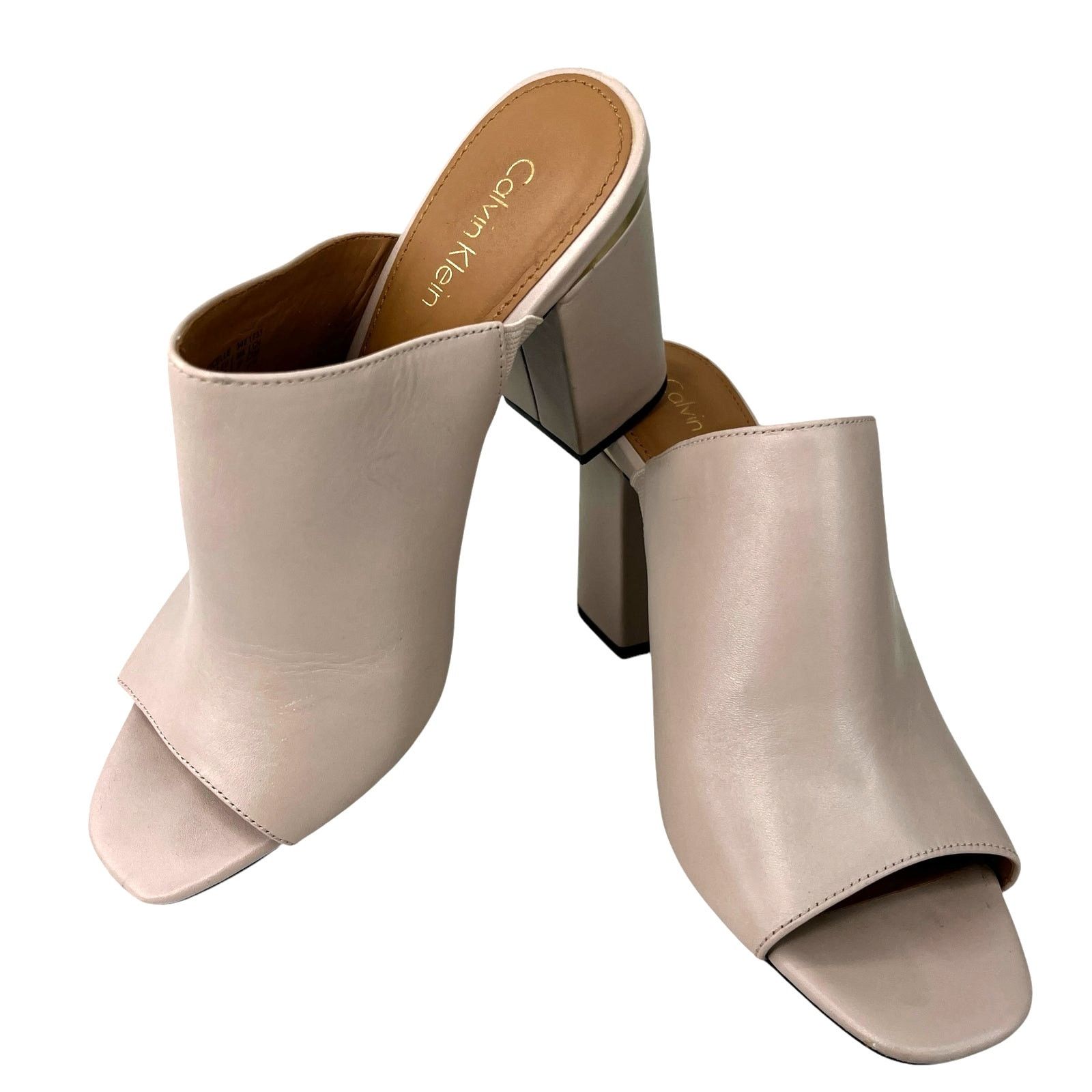 Calvin Klein Cicelle Peep Toe Mules Tan Taupe 7 Studded Heel Shoes in Beige, Women's