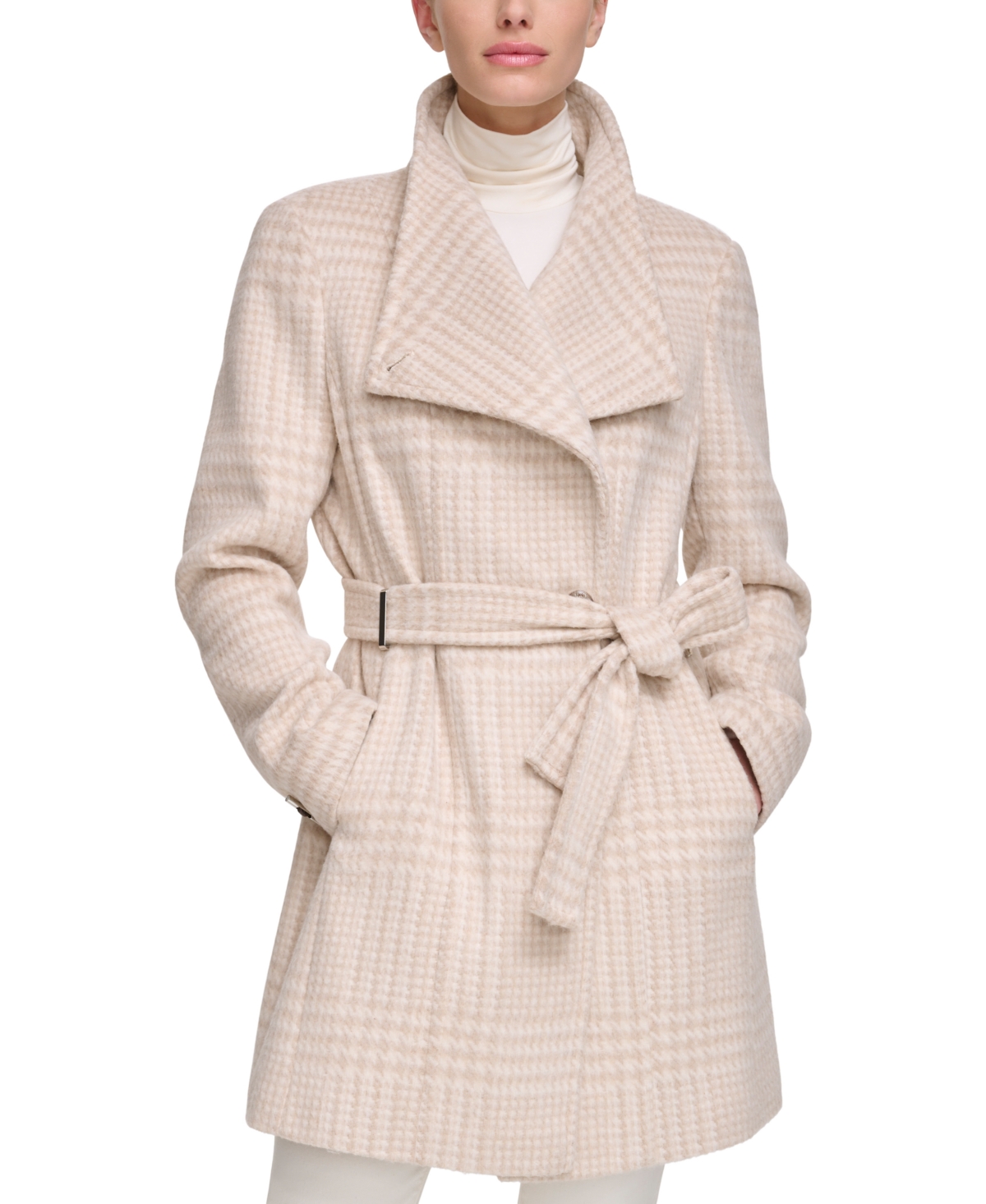 Calvin Klein Womens Asymmetrical Belted Wrap Coat, Created for Macys - Beige/Ivory Plaid