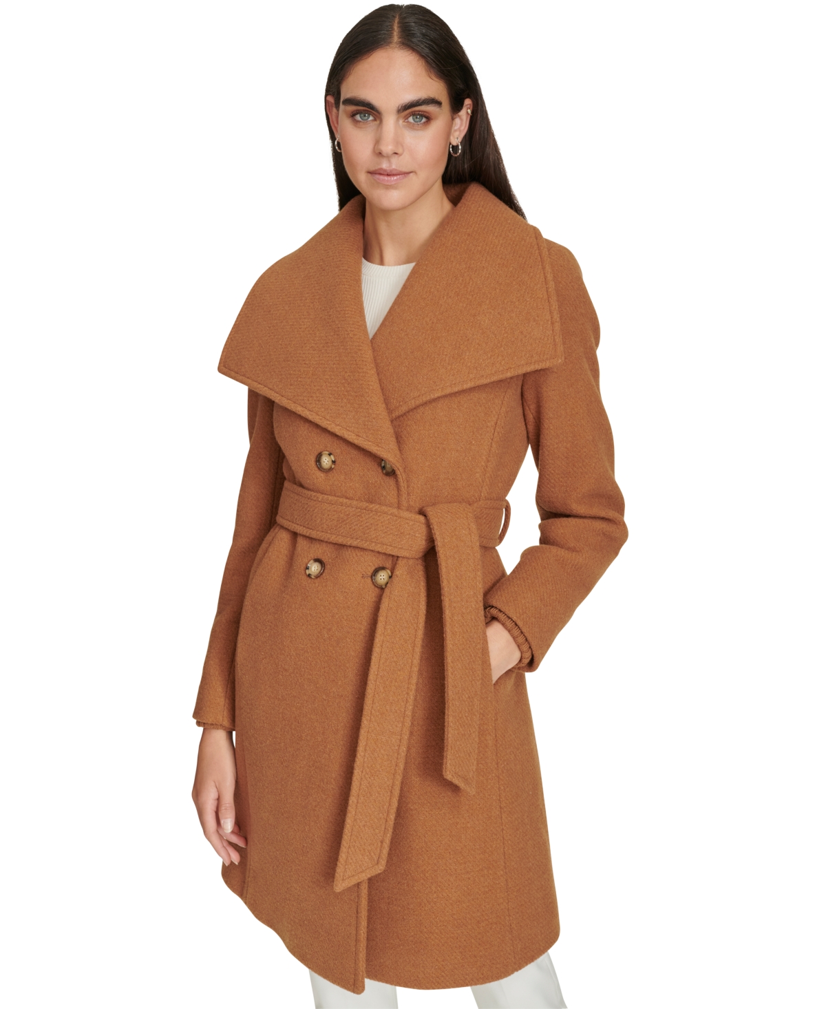 Calvin Klein Women's Double-Breasted Belted Coat - Dark Camel