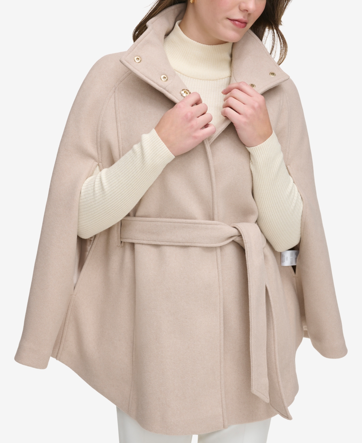 Calvin Klein Womens Double-Breasted Cape Coat - Red Beige Melange