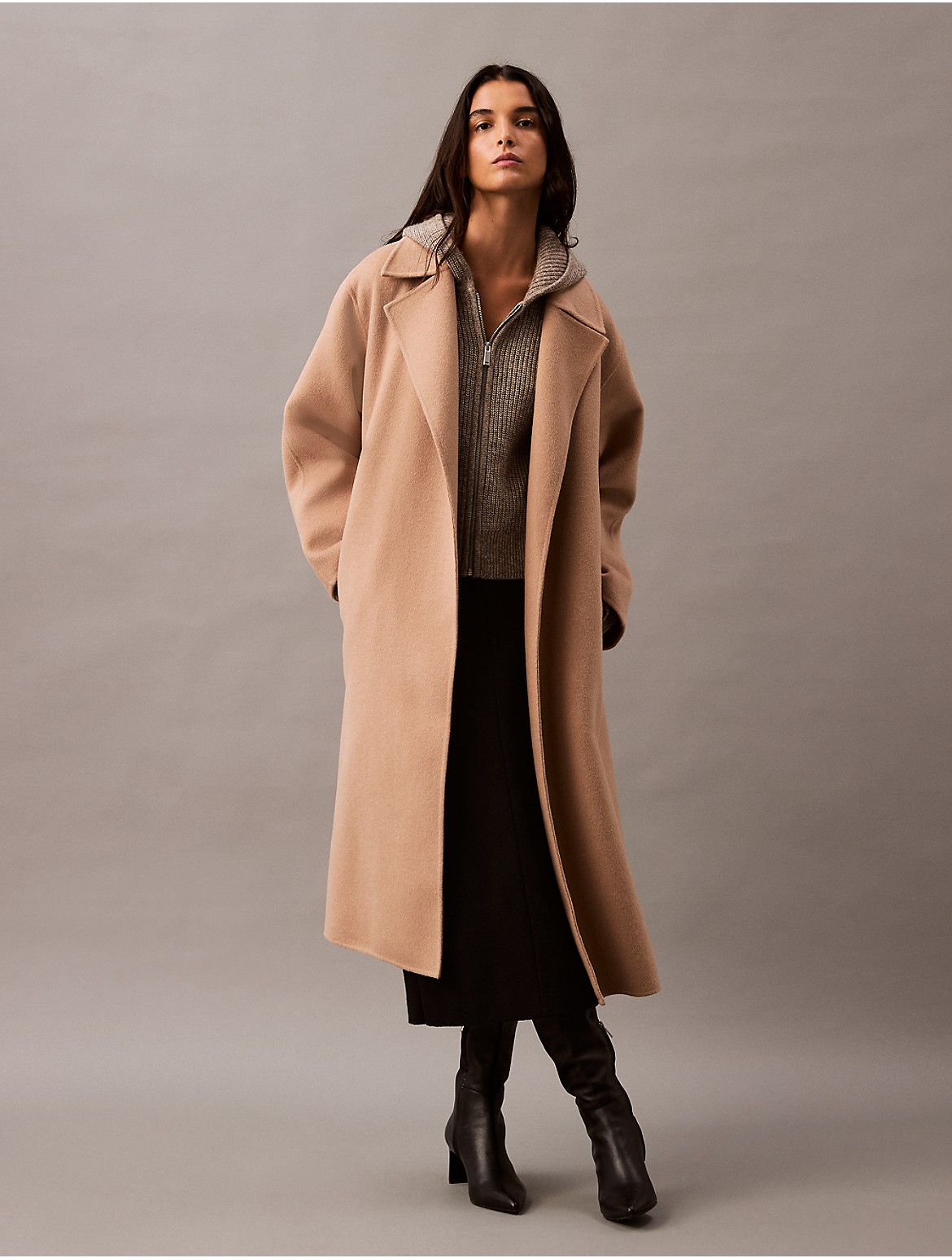 Calvin Klein Women's Double Faced Wool Blend Wrap Coat - Brown - L