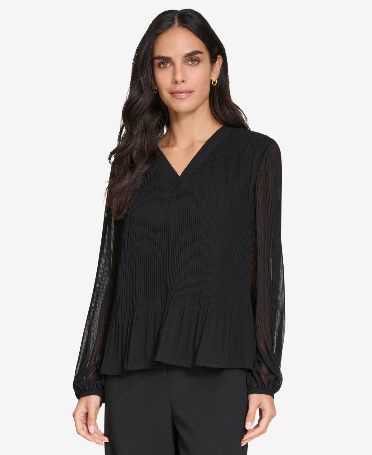 Calvin Klein Women's Mini-Pleated V-Neck Long-Sleeve Top - Black