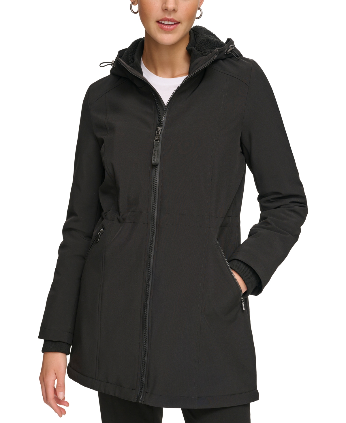 Calvin Klein Womens Petite Hooded Faux-Fur-Lined Anorak Raincoat - Black