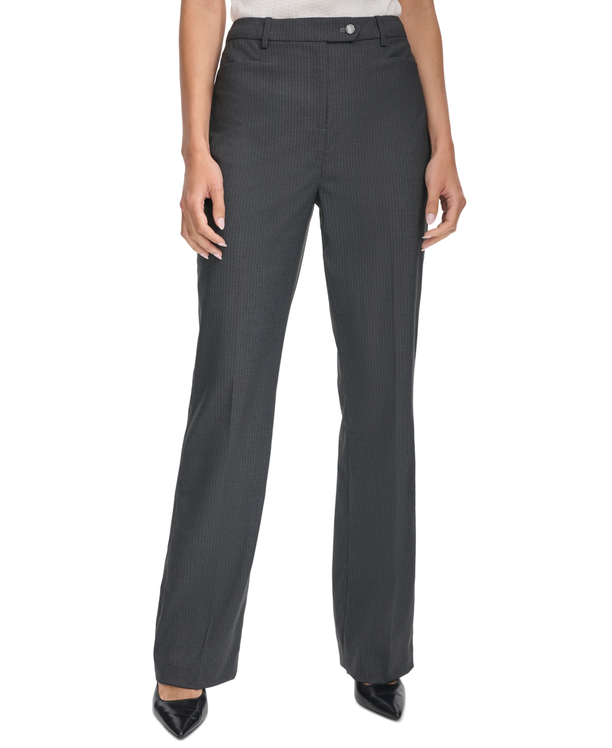 Calvin Klein Women's Pinstripe Straight-Leg Pants - Charcoal/Cream