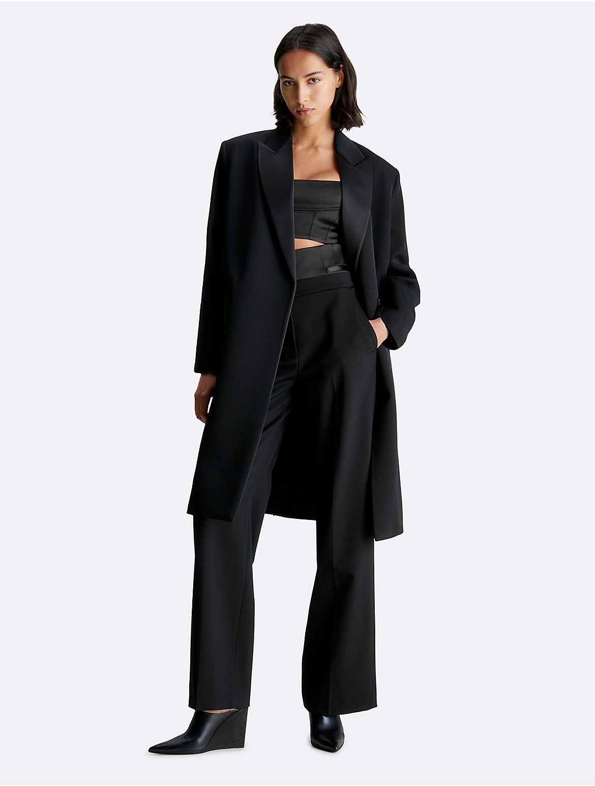 Calvin Klein Women's Tuxedo Satin Wool Coat - Black - 34