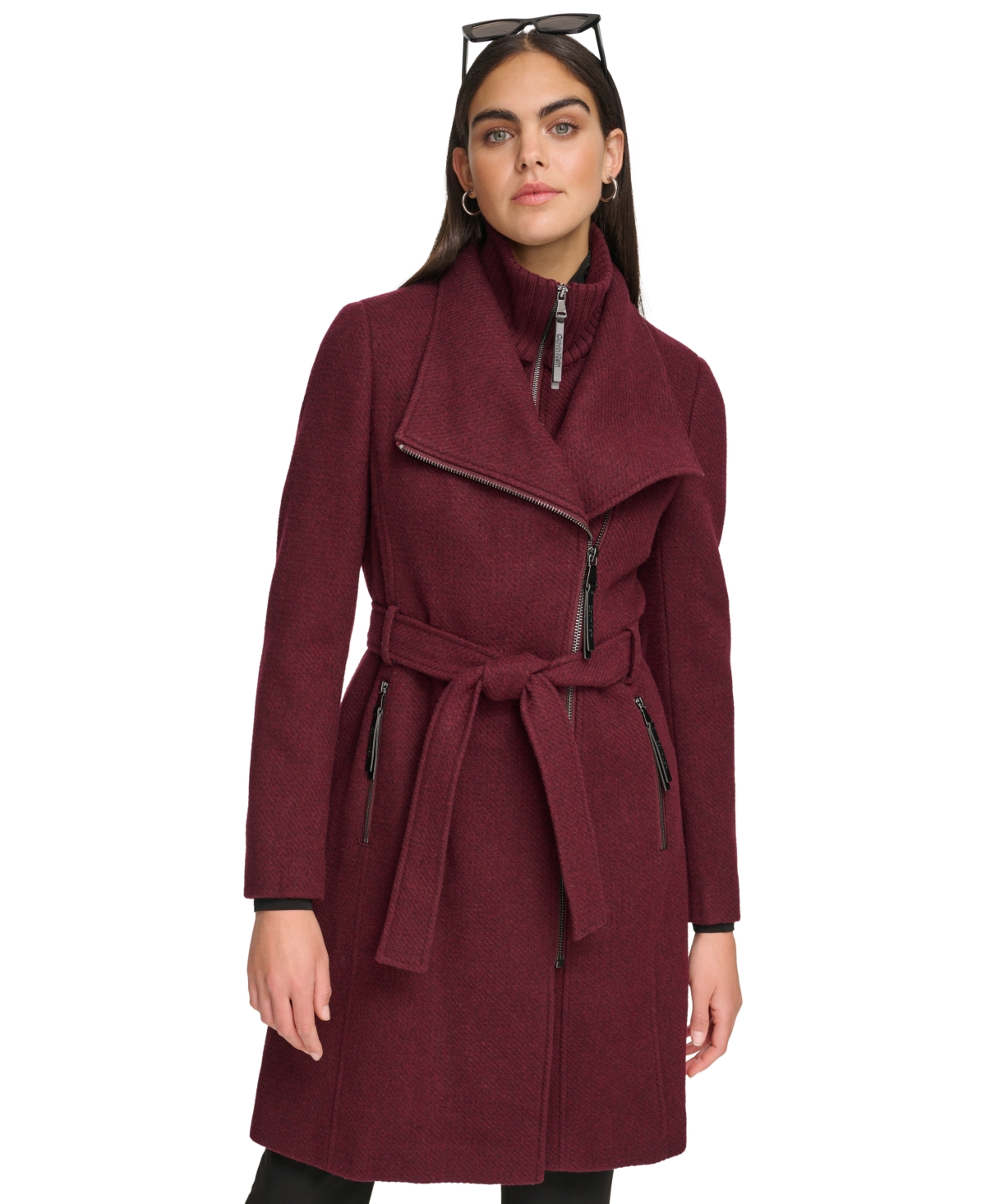 Calvin Klein Womens Wool Blend Belted Wrap Coat, Created for Macys - Chianti