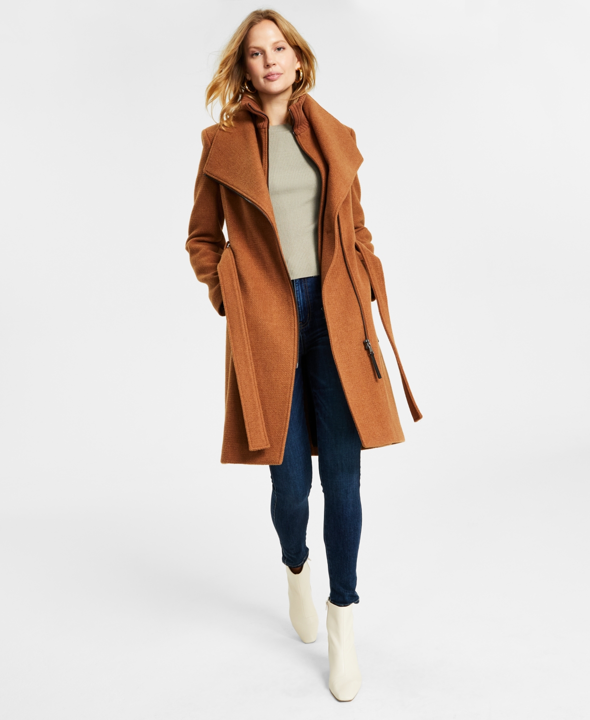 Calvin Klein Womens Wool Blend Belted Wrap Coat, Created for Macys - Dark Camel