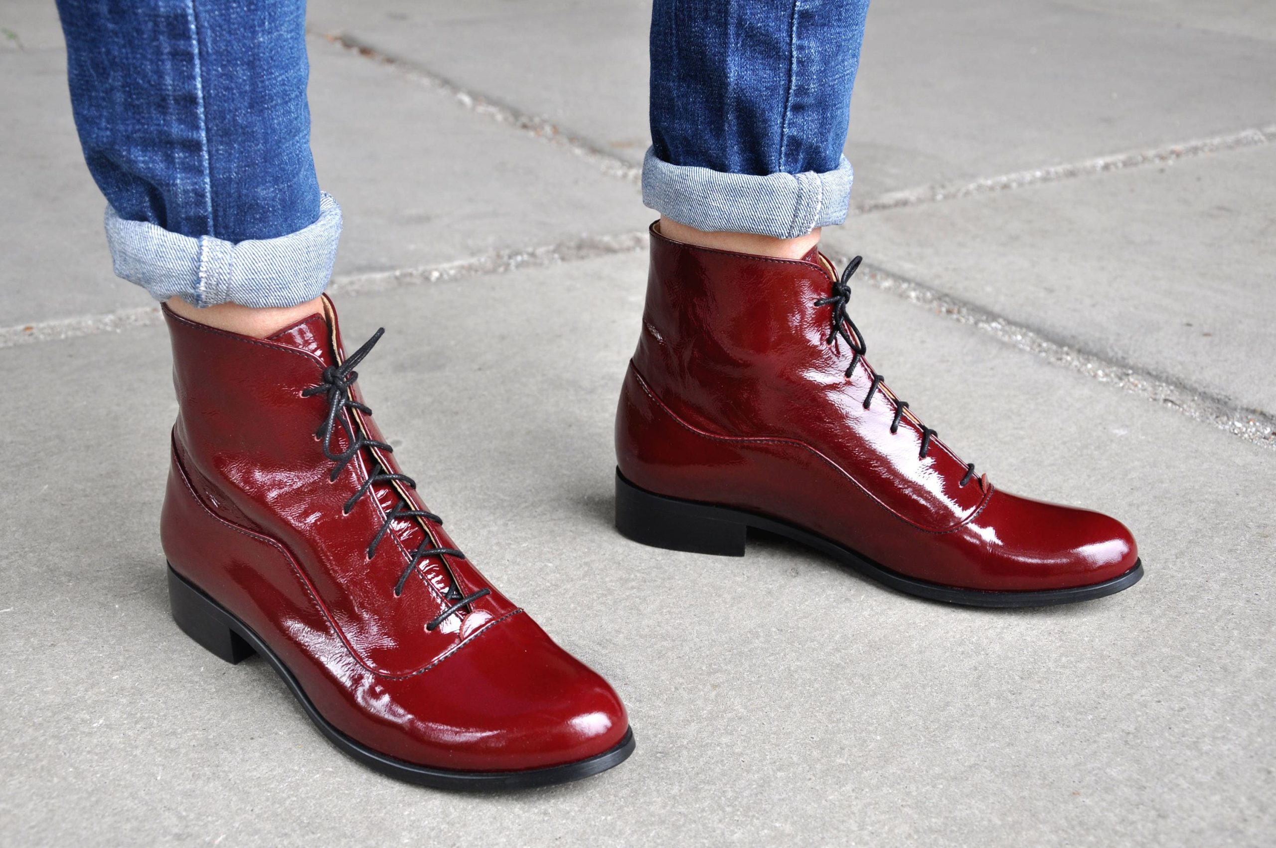 Camden - Womens Fall Boots, Lace-Up Leather Oxford Burgundy Patent Leather, Winter Free Customization