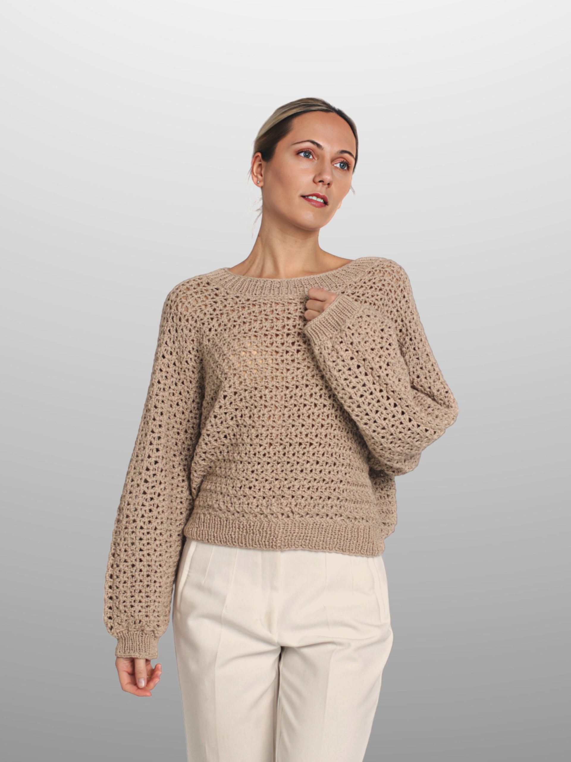 Camel Lace Women's Summer Sweater, Beige Minimalist Crochet Blouse, Chunky Open Knit Wool Crop Top, Sand Versatile Handmade Mesh Pullover