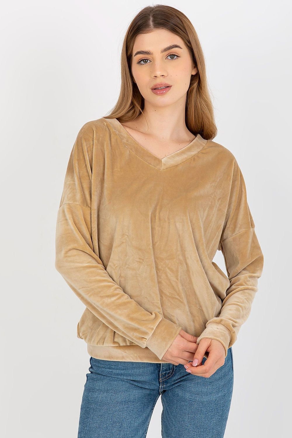 Camel Velour Sweatshirt, Long-Sleeve Top, Velour Top