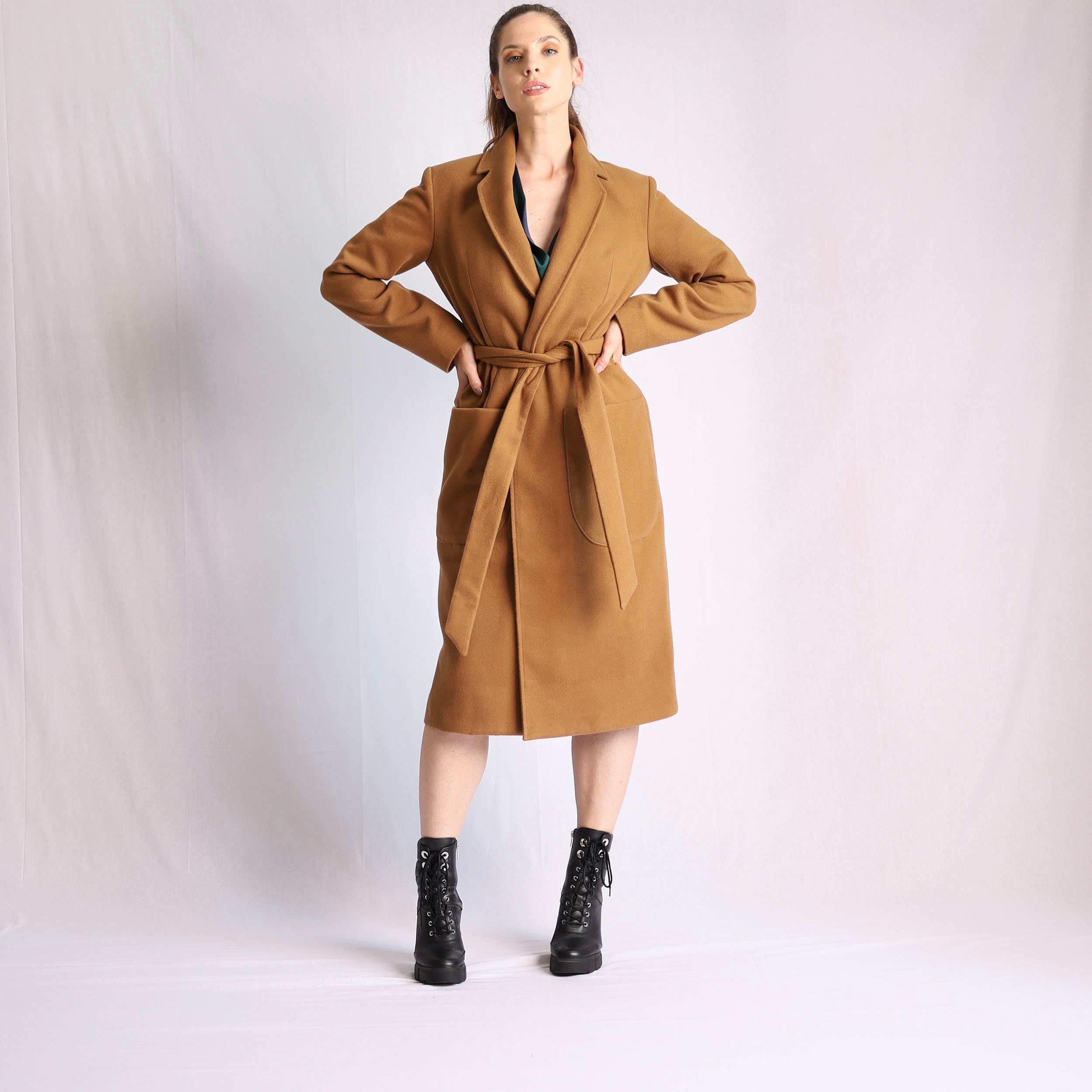 Camel Wrap Coat, Wool Coat With Belt, Elegant Long Tailored Women's Trench Long Black Wool Coat