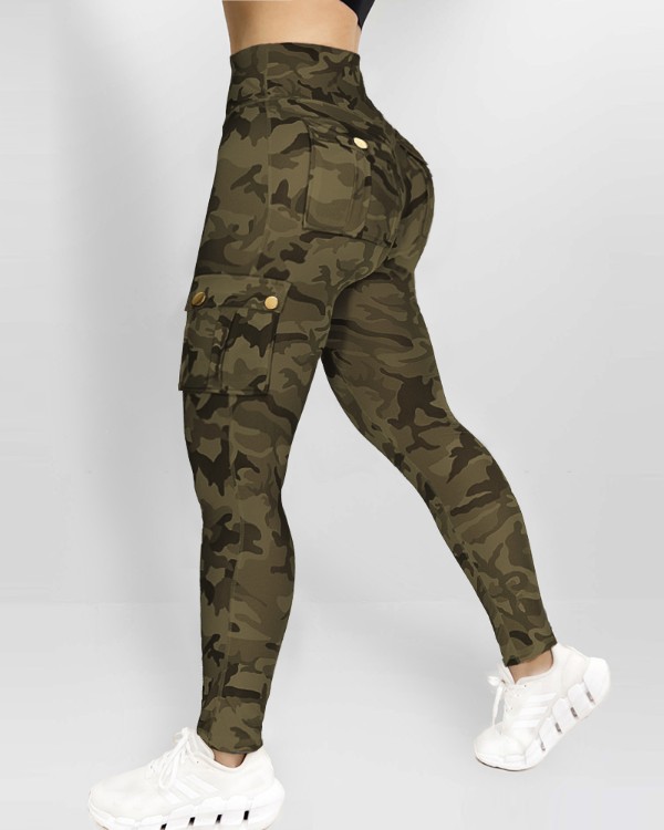 Camouflage Print High Waist Skinny Button Leggings with Pocket Casual Pants