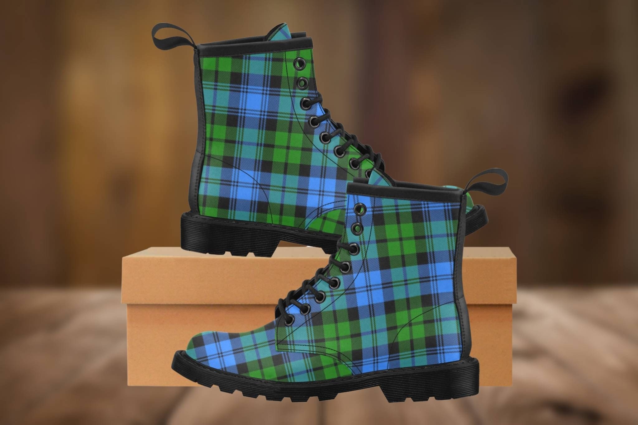 Campbell Tartan Boots, Clan Campbell, Vegan Leather Plaid Ankle Combat Boots Women, Blue