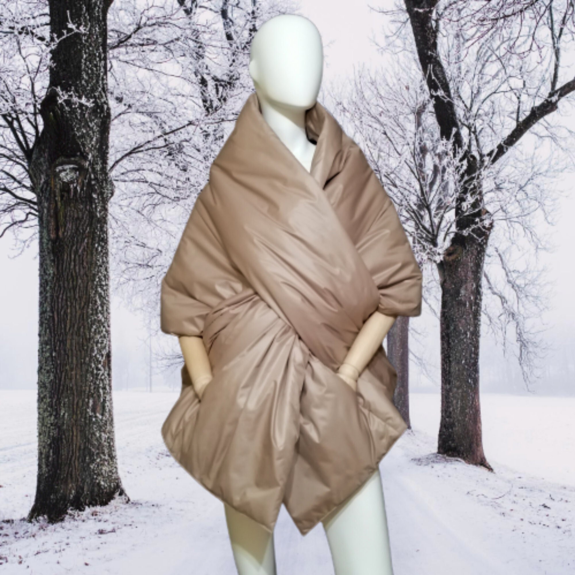 Cape Around Shoulders Wrap With 2 Pockets 22x80 In. Quilted Blanket Shawl-Vest. Woman's Large Scarf Puffer. Warm Winter Puffer Jacket