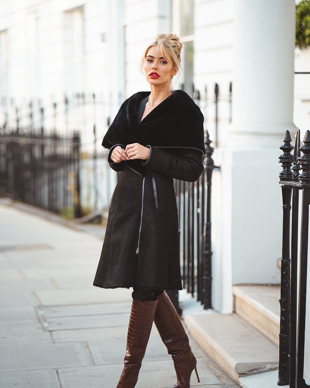 Cape Hooded Black Shearling Coat