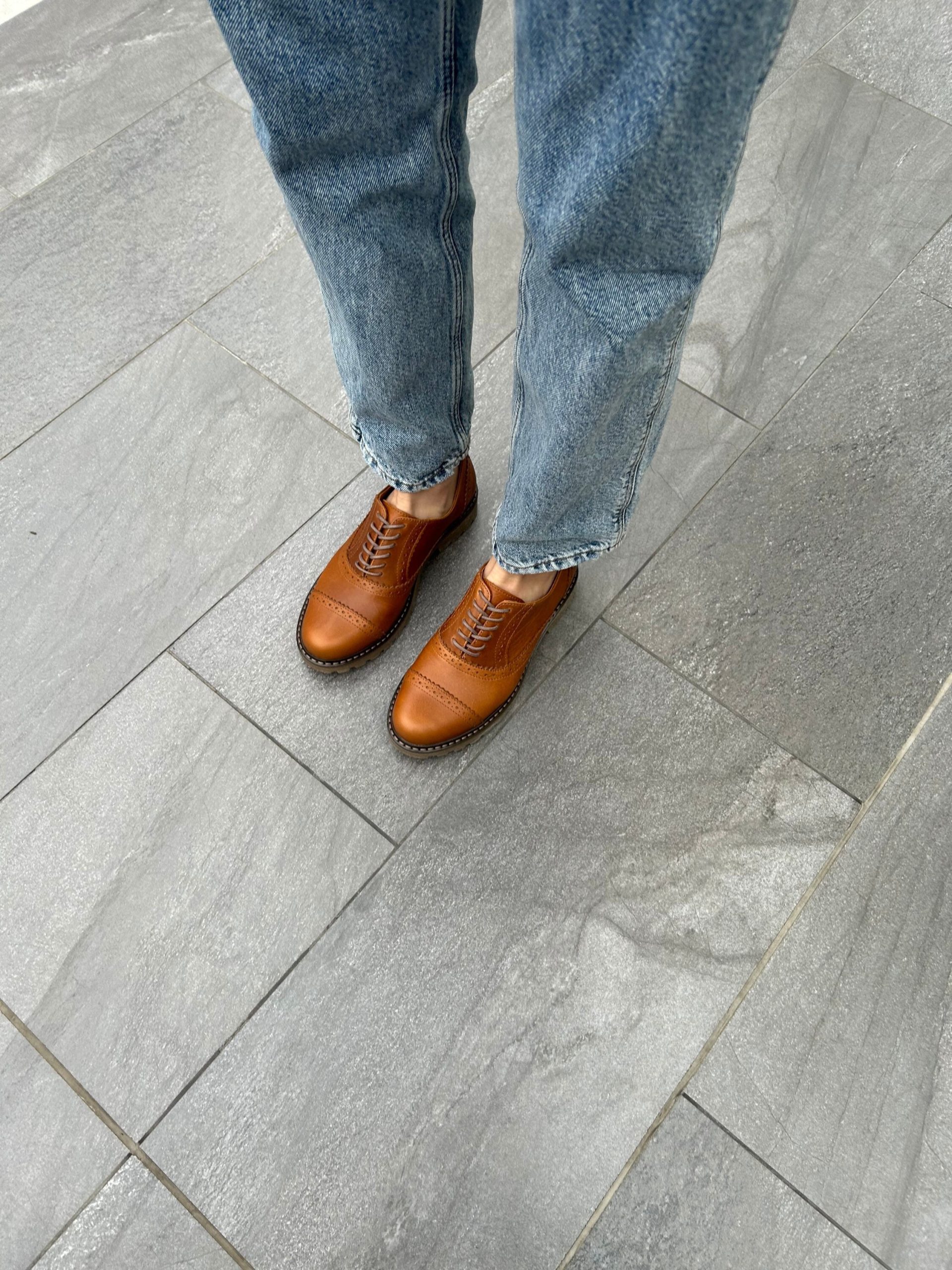 Caramel Brown Cognac Leather Women Oxfords Brogue Shoes, Tie Oxford Shoes