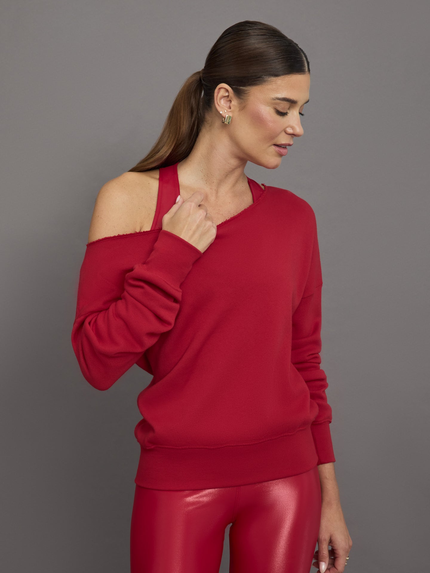 Carbon38 Off Shoulder Sweatshirt In French Terry - Crimson Red - Size XS