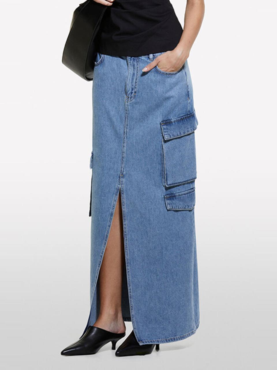 Cargo Asymmetrical Maxi Denim Skirt (4AGWL0025BL)