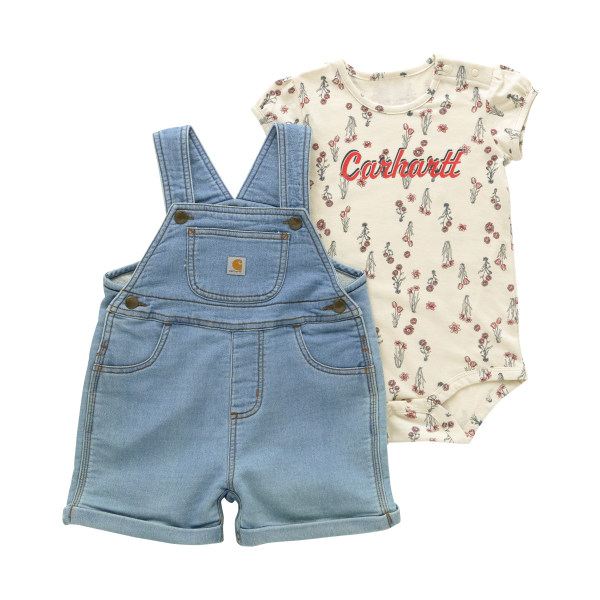 Carhartt Floral Short-Sleeve Bodysuit and Denim Shortalls Set for Babies - Light Wash - 12 Months