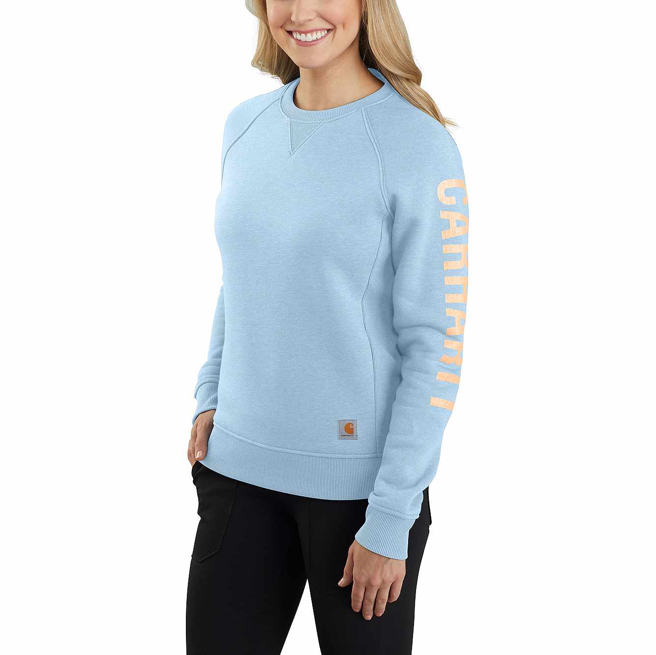 Carhartt Women's Relaxed Fit Midweight Crewneck Block Logo Sleeve Graphic Sweatshirt | Moonstone | 3X