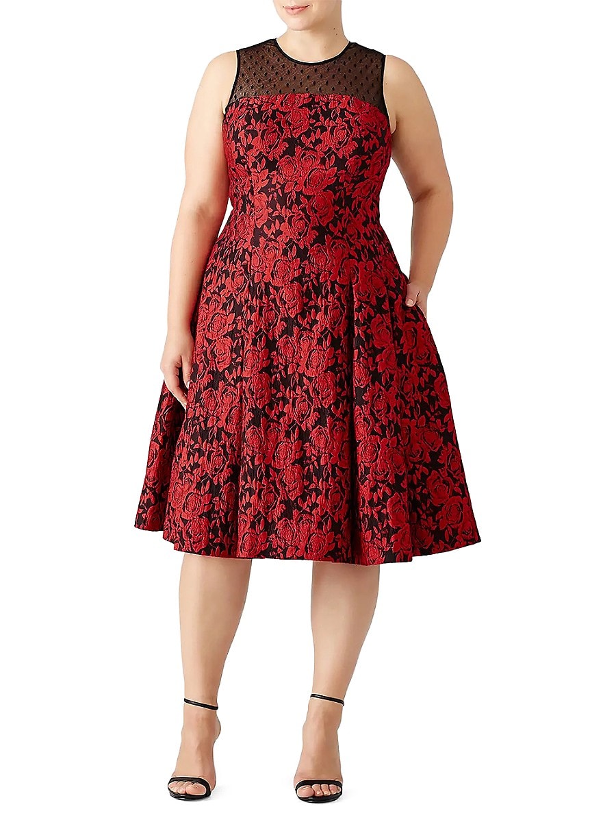 Carmen Marc Valvo Women's Floral & Swiss Dot Midi A-Line Dress - Red - Size 0