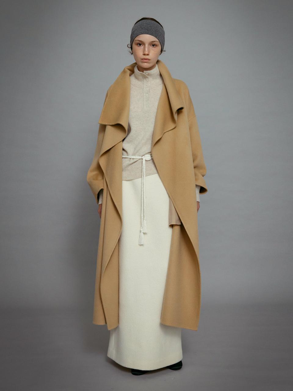 Cashmere Blend Handmade Drape Button Neck Coat [Camel Beige]