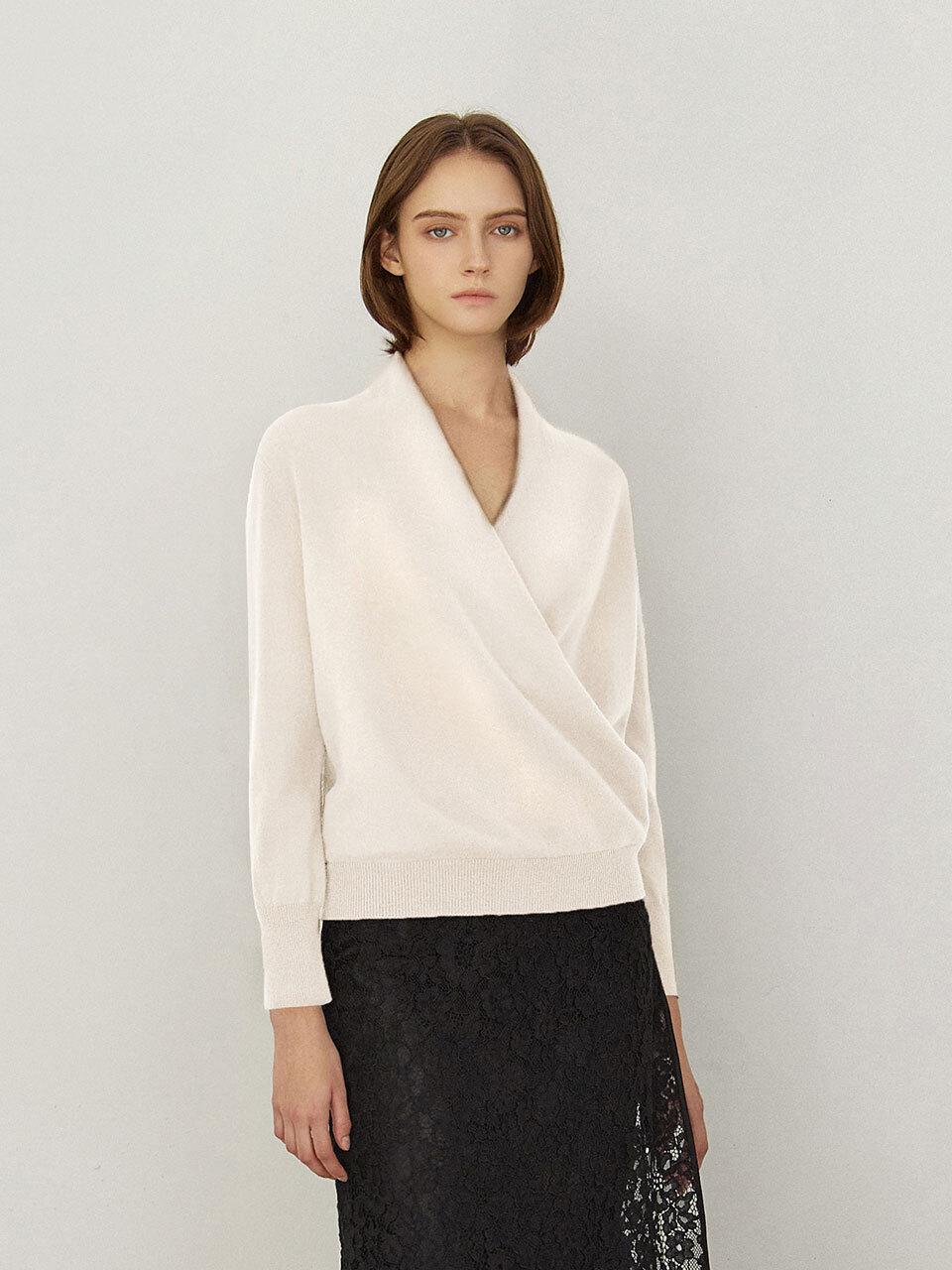 Cashmere Shawl Collar Wrap V-neck Knit Top