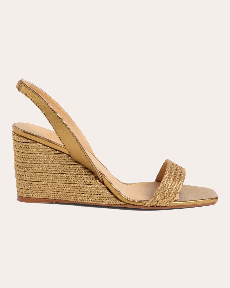 Castañer Women's Barby Metallic Leather-Trimmed Raffia Wedge Sandal in Oro Viejo Leather/Rubber/Polyester