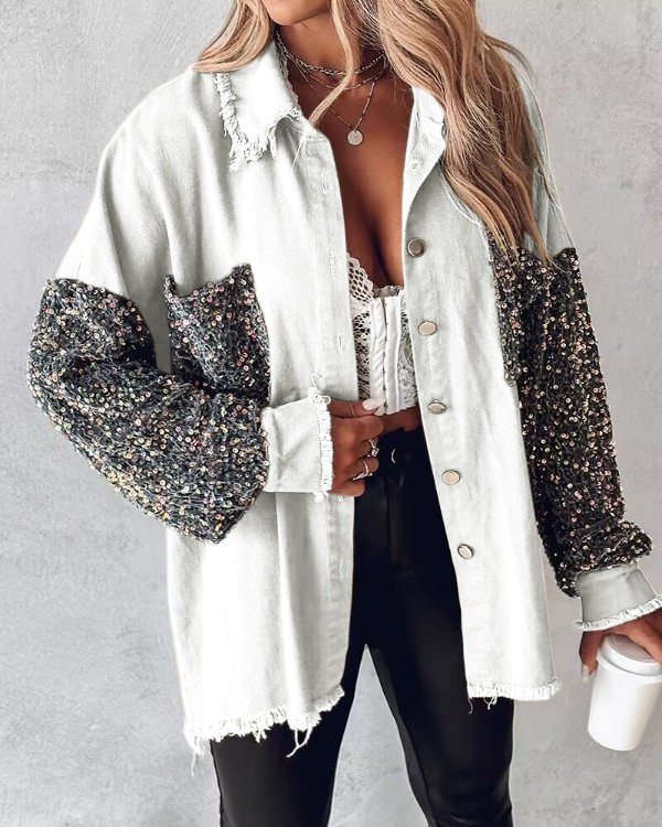 Casual Jacket Sequin Patchwork Long Sleeve Jacket Top Button Front Raw Hem Oversized Denim Shacket