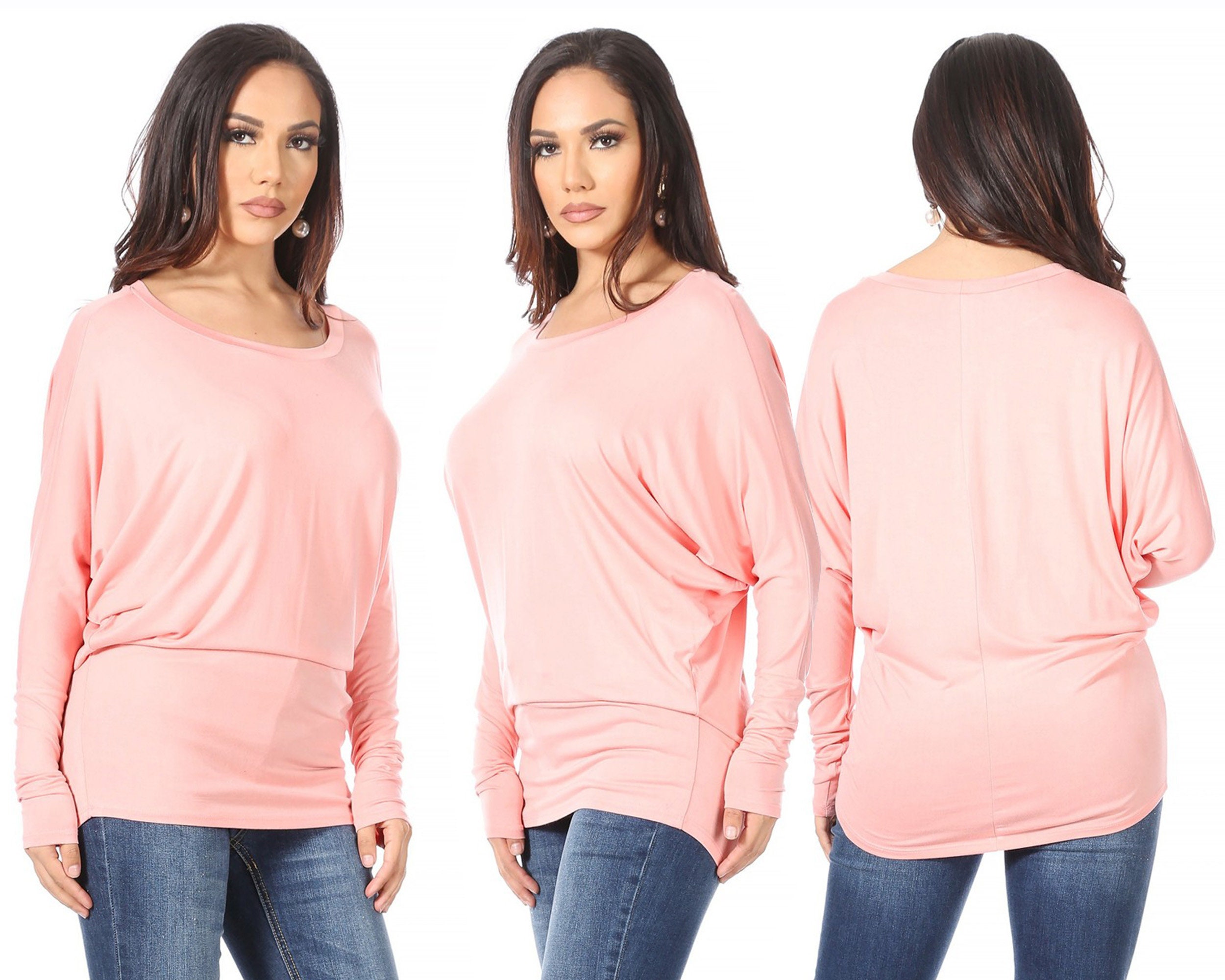 Casual Solid Crewneck Jersey Knit Long Sleeve Dolman Tunic Top