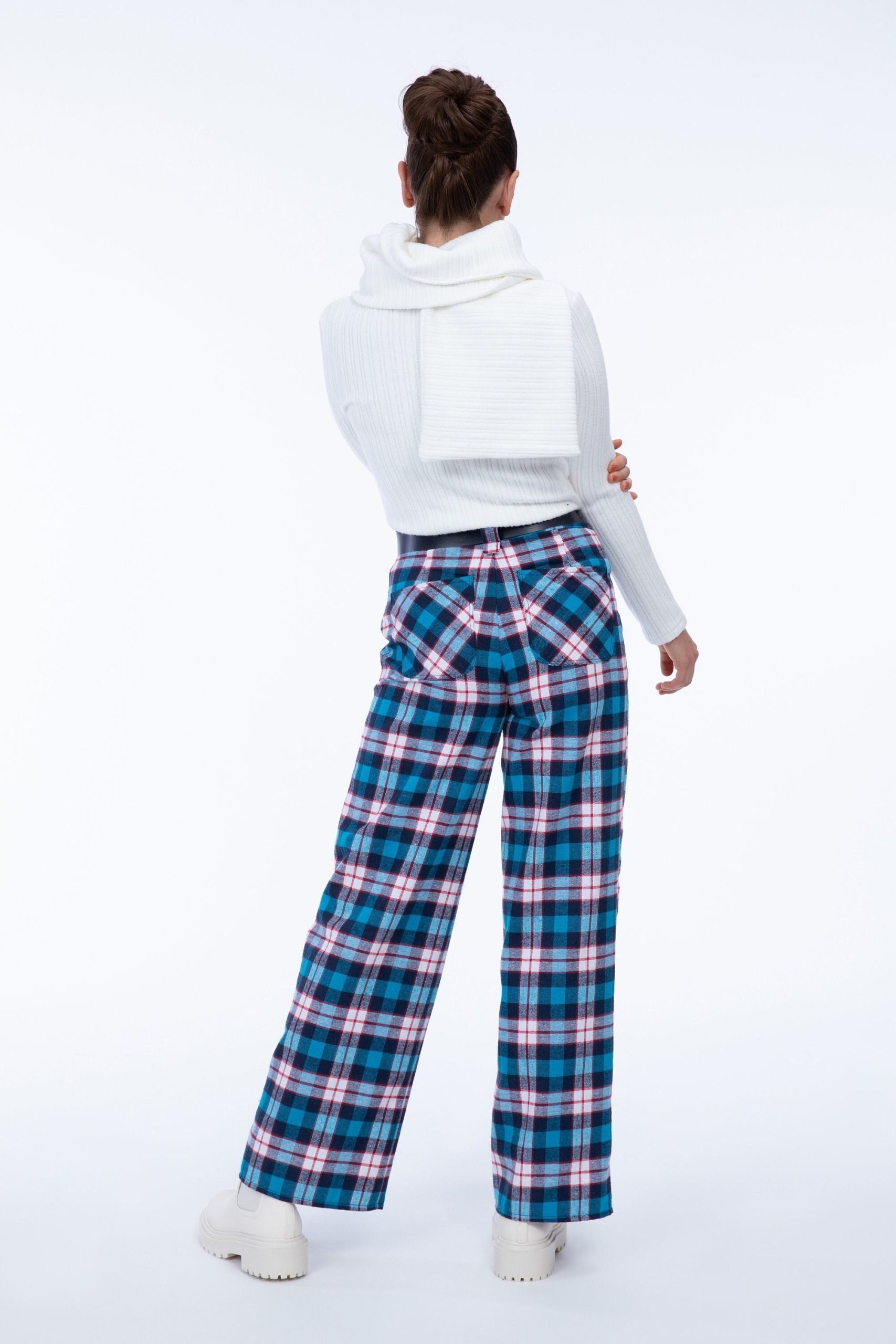 Casual Wide Plaid Pants Blue Red Ladies, Long With High Waistband Flannel, Comfortable Maxi Pants, Classic Tartan Bootcut