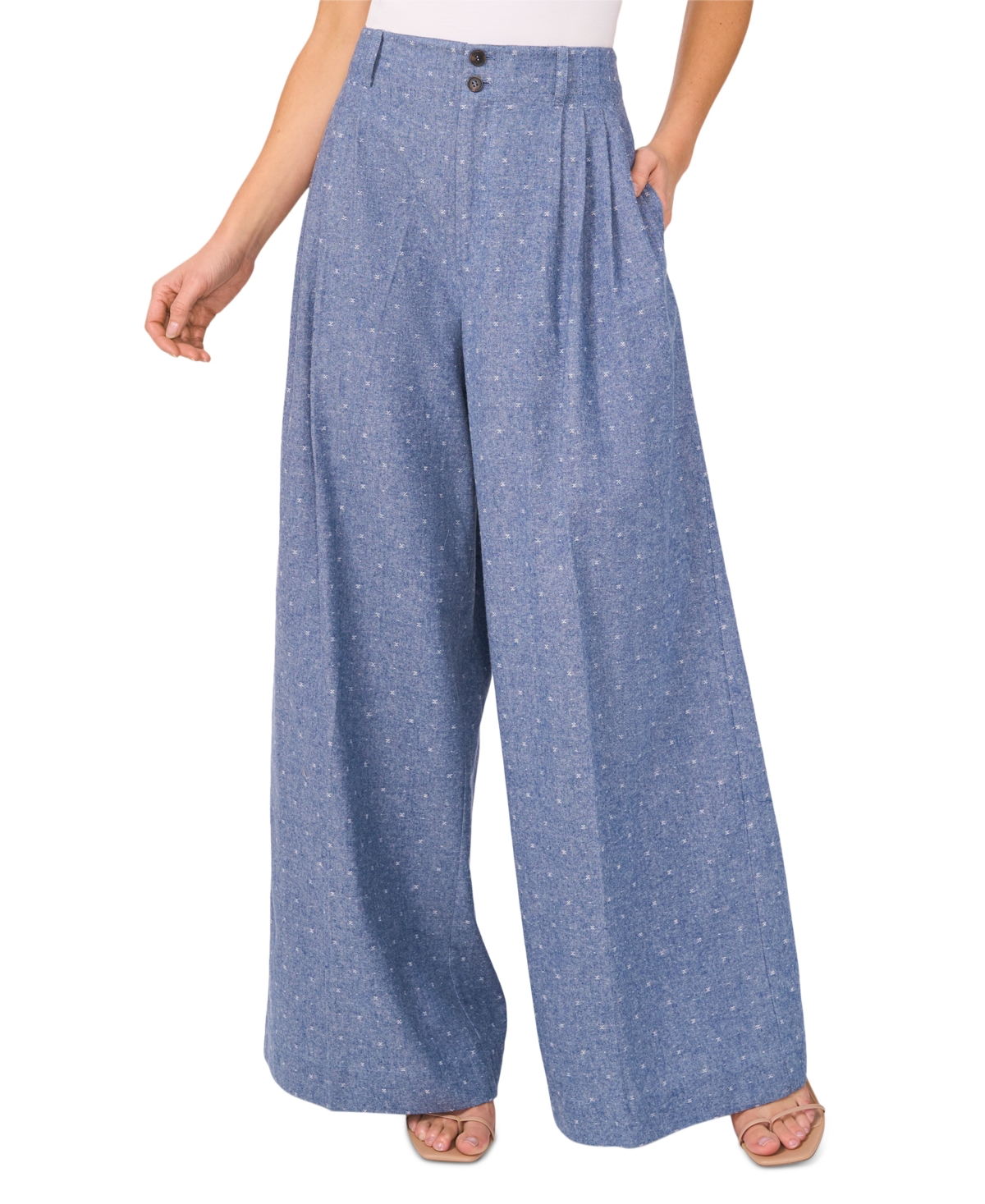 CeCe Women's Cotton Pleated Flared Wide-Leg Pants - Niagara Blue