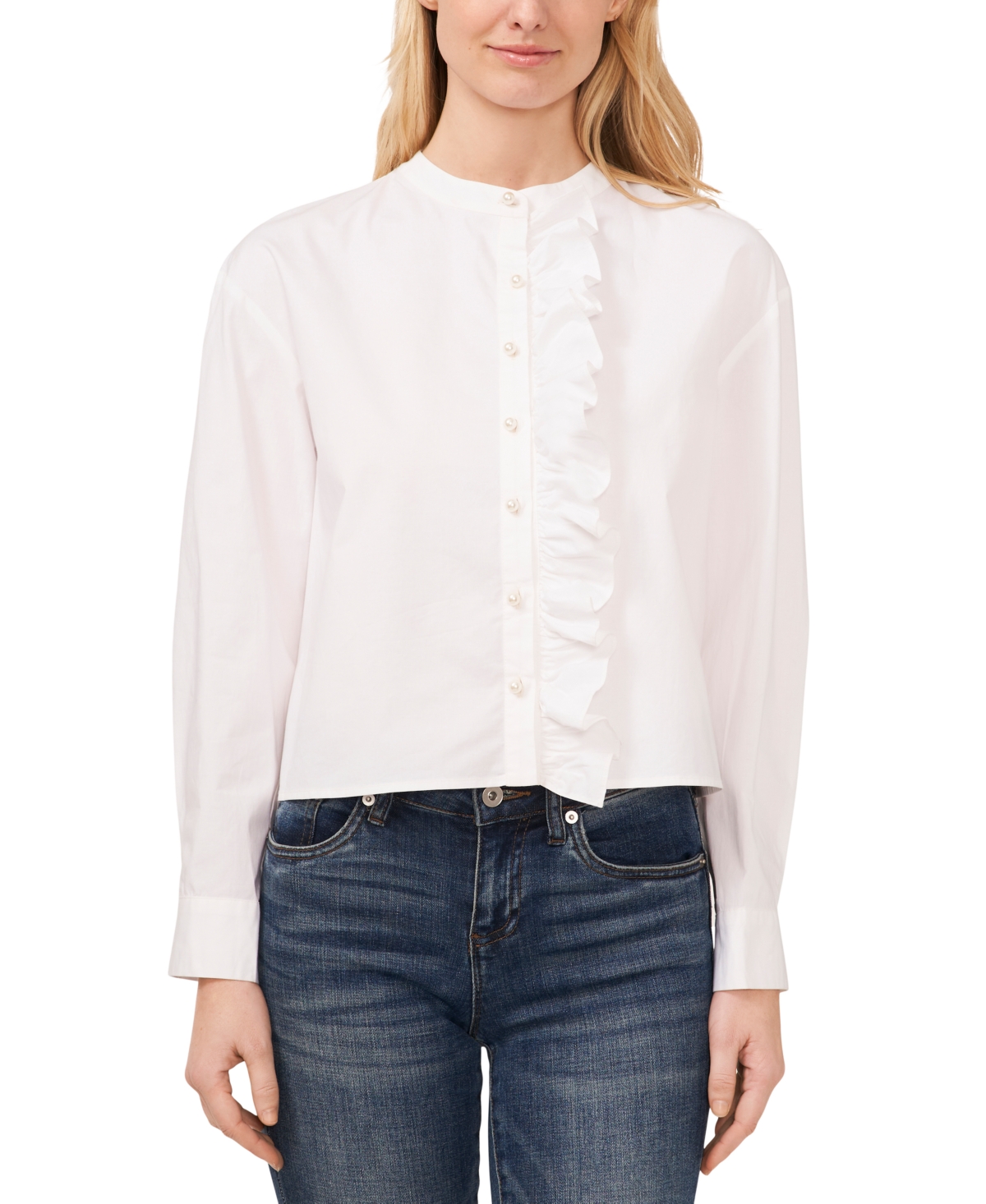 CeCe Women's Ruffled Button-Front Long-Sleeve Cropped Blouse - Ultra White